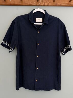 Folk Linen Cotton Navy Blue Embroidered Short Sleeve Button Down Camp Shirt